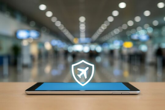 Tablet with travel insurance shield icon on screen placed on a table in a blurred airport terminal