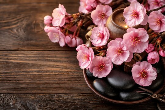 Cherry blossom spa zen stones candle relaxation background
