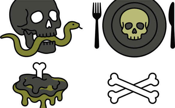 Spooky Halloween poison and toxic element icon set featuring human skull with snake dinner plate bones and melting slime vector illustrations isolated on white background