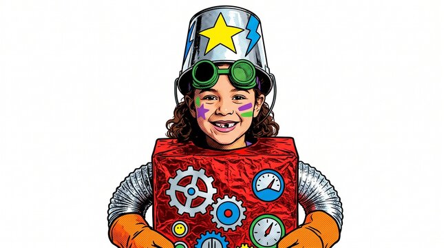 Young girl dressed as a robot with a bucket helmet and goggles, smiling with face paint