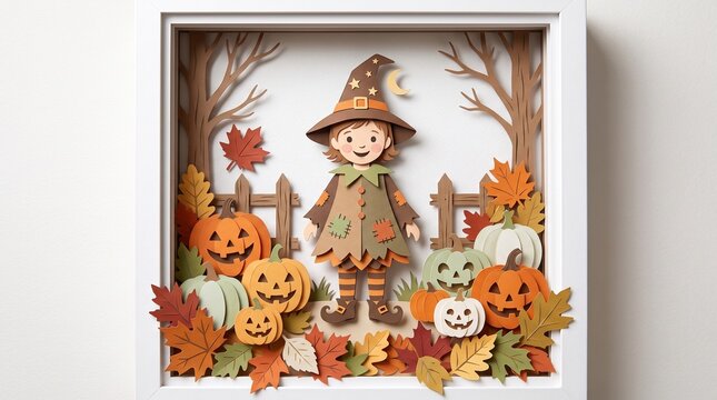 Cute paper craft witch with pumpkins and autumn leaves in a shadow box frame