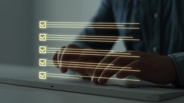 Filling form, research analytics, technology interface and data review.Digital online survey questionnaire with digital feedback form, customer evaluation and business assessment concept. 