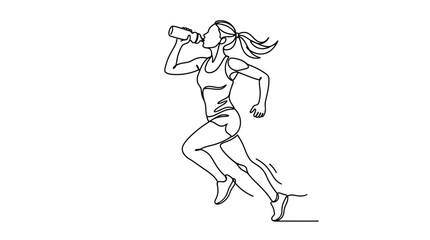 Fototapeta premium Woman running drinking water vector line art illustration