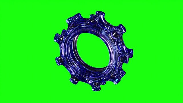 Blue Glass Abstract Mechanical Gear Cog Ring 3D Shape on Green Screen &ndash; Seamless 4K Loop