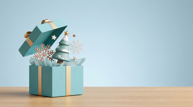 Turquoise Christmas Gift Box with Snowy Tree and Winter Holiday Decoration on Blue Background