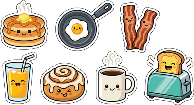Cute breakfast food vector illustration featuring kawaii pancakes, bacon, eggs, and coffee for design