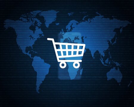 White shopping cart icon centered over a digital blue world map background representing global e-commerce