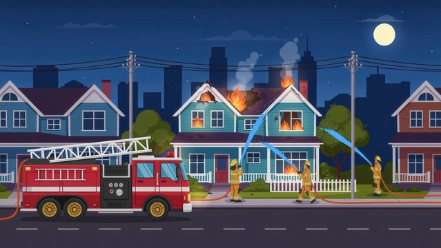 Firefighters extinguishing house fire at night