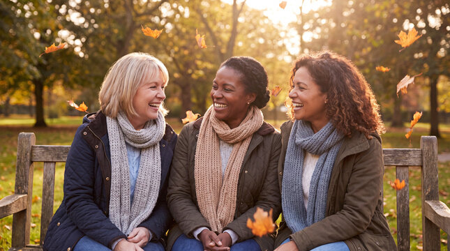 Three middle-aged women chat on a park bench surrounded by falling autumn leaves for community lifestyle content.