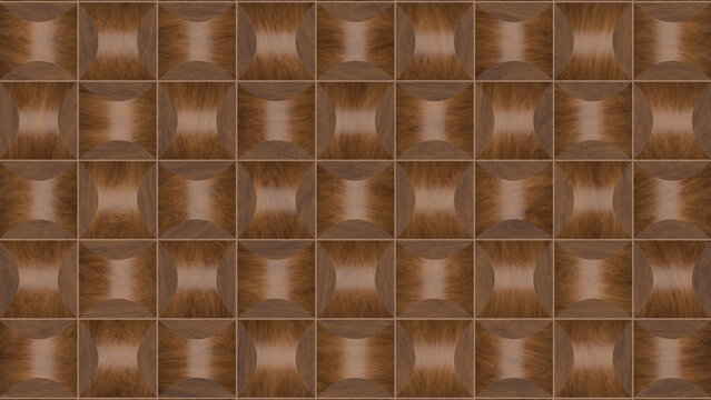 Square wood tiles with concave curves form a repeating geometric pattern, dark polished grain texture arranged in a uniform wall surface arrangement