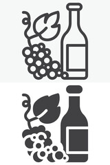 Obraz premium Wine bottle with grapes icon set in line, outline and solid style. Wine icon with bottle, grapes and leaf, editable stroke vector sign and symbol.