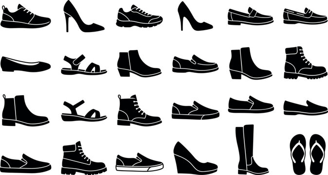 Set of black vector icons of different types of shoes