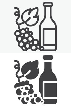 Wine bottle with grapes icon set in line, outline and solid style. Wine icon with bottle, grapes and leaf, editable stroke vector sign and symbol.