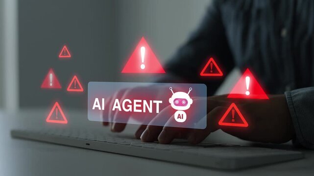 Alert secure AI technology showing artificial intelligence agent identifying risks, preventing attacks and safeguarding confidential information through advanced cybersecurity monitoring.