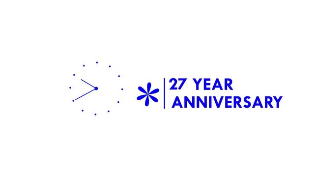 27 years anniversary motion graphic 4K footage with Blue Floral Star Abstract Logo Icon. Animated 27 years Birthday Wishes on White Background with alpha channel