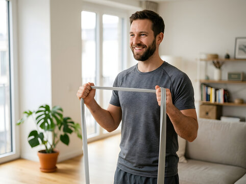A smiling young man practicing strength training with an elastic resistance band in his bright and modern living room for home fitness routine.