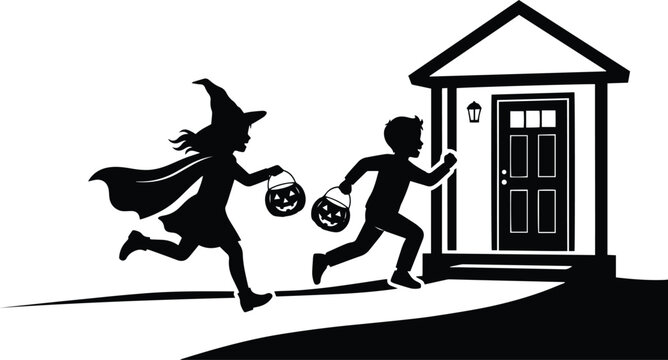 Happy children running excitedly to house door with candy buckets for trick or treat halloween celebration vector illustration