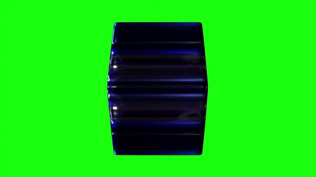 Blue Glass Abstract Cube with Circular Cutout 3D Shape on Green Screen &ndash; Seamless 4K Loop