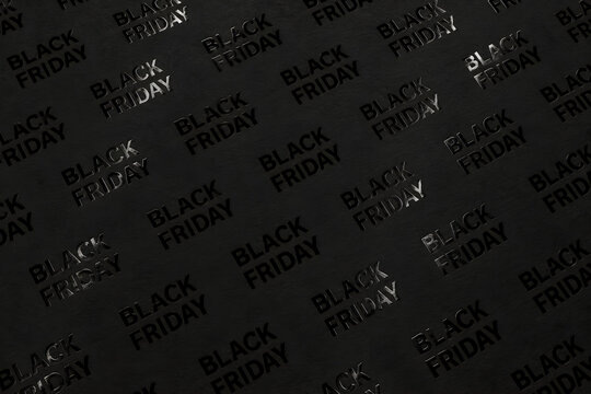 Black Friday background with repeating glossy black lettering embossed on textured matte black paper, creating an elegant monochrome retail sale pattern.