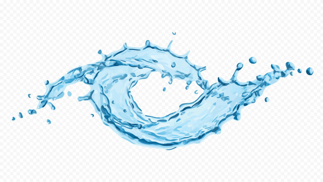 Circular water splash with droplets. Editable vector in pale cyan and blue layered shapes on transparency, suited to beverage labels, advertising, posters and dynamic layouts.
