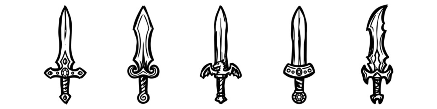 Set of fantasy swords and daggers black line art icons. Hand-drawn medieval blades, RPG warrior weapons, and tattoo flash designs isolated on white background.