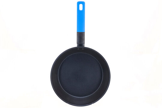 Compact black frying pan with a blue handle shown vertically against a white background, highlighting its round cooking surface.