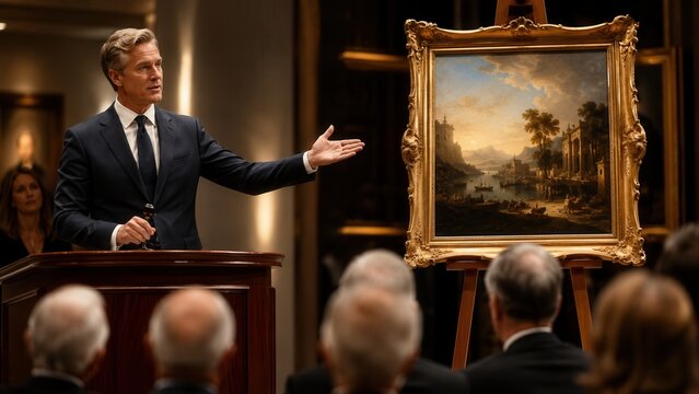 Auctioneer presenting valuable classic landscape painting during prestigious fine art auction event before bidders