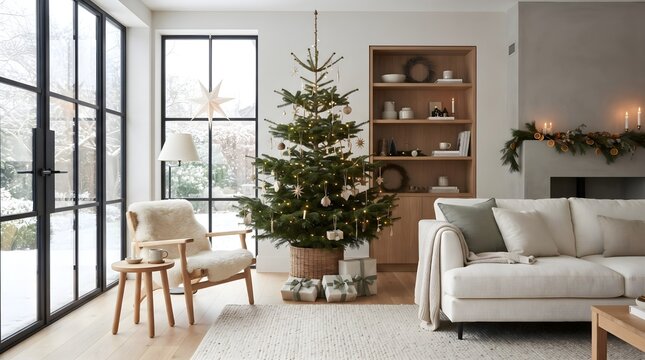 Bright minimalist living room with a Christmas tree, contemporary furniture, large windows, and refined neutral tones creating an elegant holiday atmosphere.