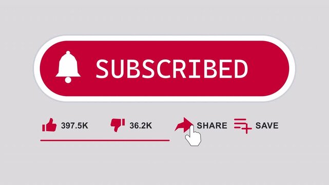 Red Subscribe Button with Notification Bell, Like, Share and Save Icons with Engagement Counter Animation, Transparent Background