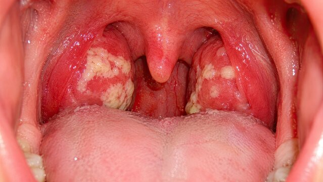 Close up medical photograph of swollen inflamed tonsils with white patches, red throat and oral tissue isolated on white background