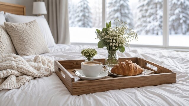 Cozy winter breakfast in bed with hot coffee and fresh croissant on wooden tray by snowy window