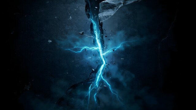 Striking blue lightning bolt crashing through dark stormy sky background