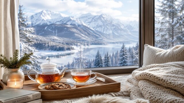 Cozy winter tea with cookies and warm blanket overlooking snowy mountains and peaceful lake