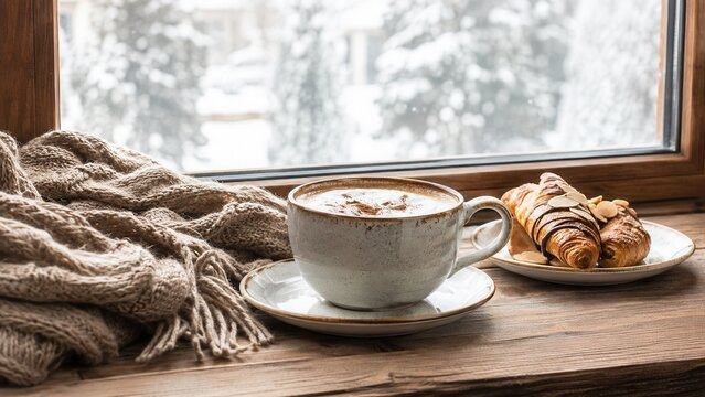 Cozy winter breakfast with hot coffee and fresh croissants by a window overlooking snowy forest