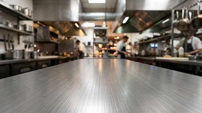 Empty professional stainless steel kitchen prep table in blurry restaurant commercial kitchen setting for culinary background with depth of field and soft ambient lighting for food service