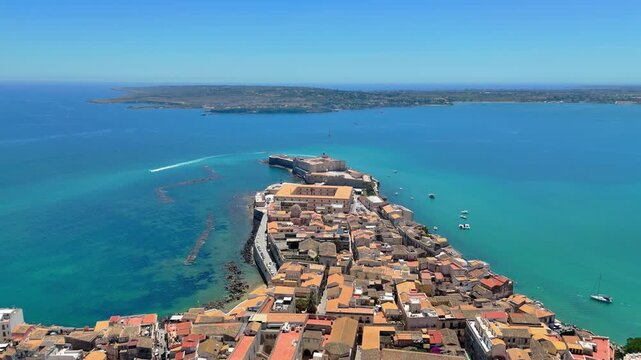 Aerial drone view of Castello Maniace and Ortigia island tip in Syracuse Sicily Italy