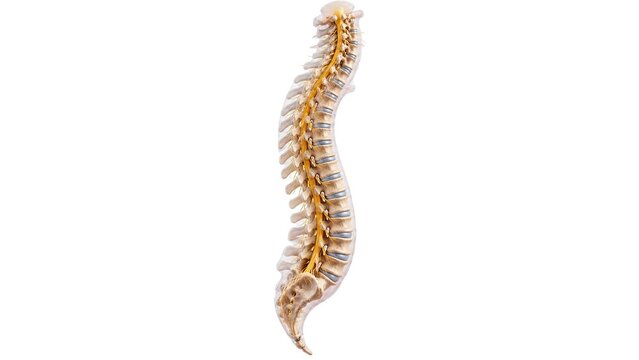 Detailed human spine anatomy showing vertebrae, spinal cord, nerve roots and sacrum in side view isolated on white background