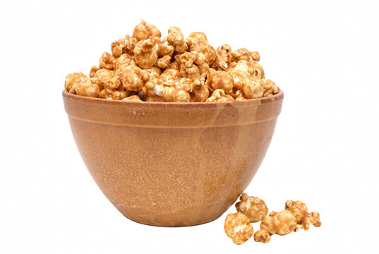 Sweet Caramel Glazed Popcorn in a Brown Ceramic Bowl