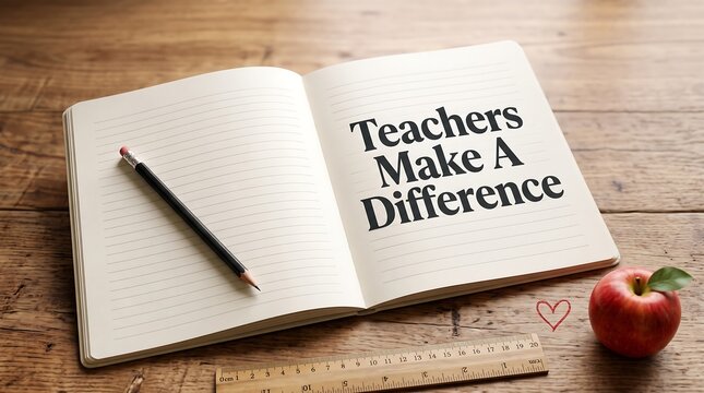 Open notebook with teachers make a difference text and red apple