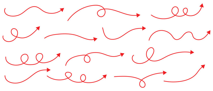 set of red thin line arrow vector icon, hand drawn red curve arrow design elements, vector illustration.