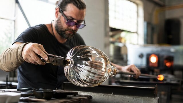 Skilled glassblower crafting a clear decorative glass vessel by hand in a traditional workshop