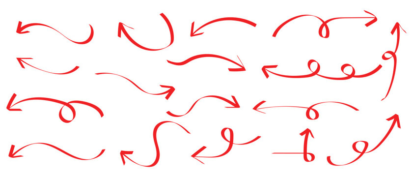 set of red squiggly arrow vector design, hand drawn curve arrow sketch design elements, vector illustration.