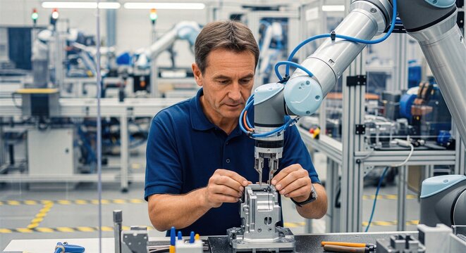Smart factory human operator and collaborative robot performing AI manufacturing task together at workstation, representing automation trust, assembly support and modern production