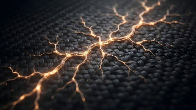 Close-up of electrical energy discharge on textured black surface with glow
