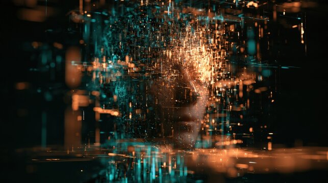 AI health coach processes biometric data from wearables and creates personalized health recommendations in a dark setting with teal and amber colors.