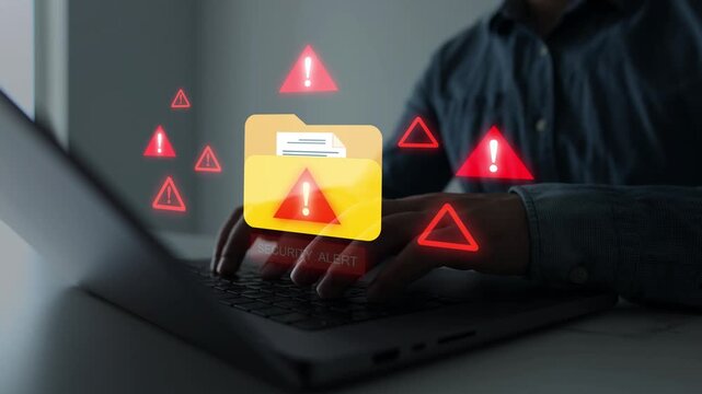 Cybersecurity alert showing secure folders and vulnerable documents under attack. Digital protection helps prevent data theft, hacking, malware and unauthorized access.