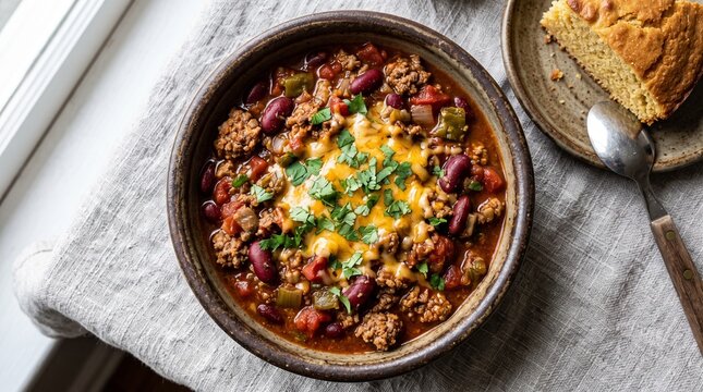 Spicy Bison Chili Stew with Beans and Cheddar Cheese