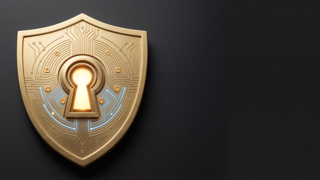 Golden shield keyhole secure protection guard safety defense locked confidential metal secret privacy secure glowing cloud intelligence data