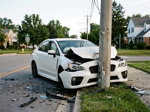 White sedan car involved in a severe traffic accident crashing into a utility pole on a suburban road