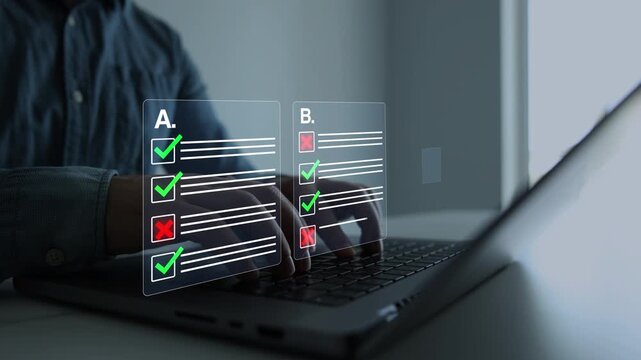 Online survey exam interface with completed questions and selected answers. Technology concept for digital assessment, student testing, research and education.	

